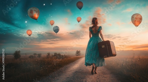 Woman Walking Away from Hot Air Balloons at Sunset