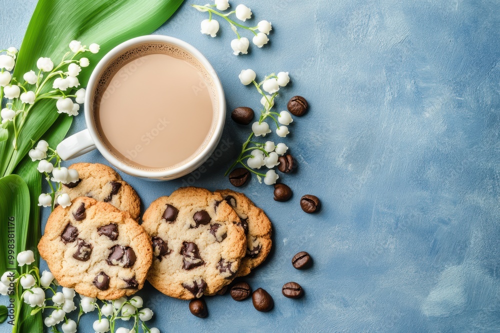 Fresh lily of the valley flowers with chocolate chip cookies coffee