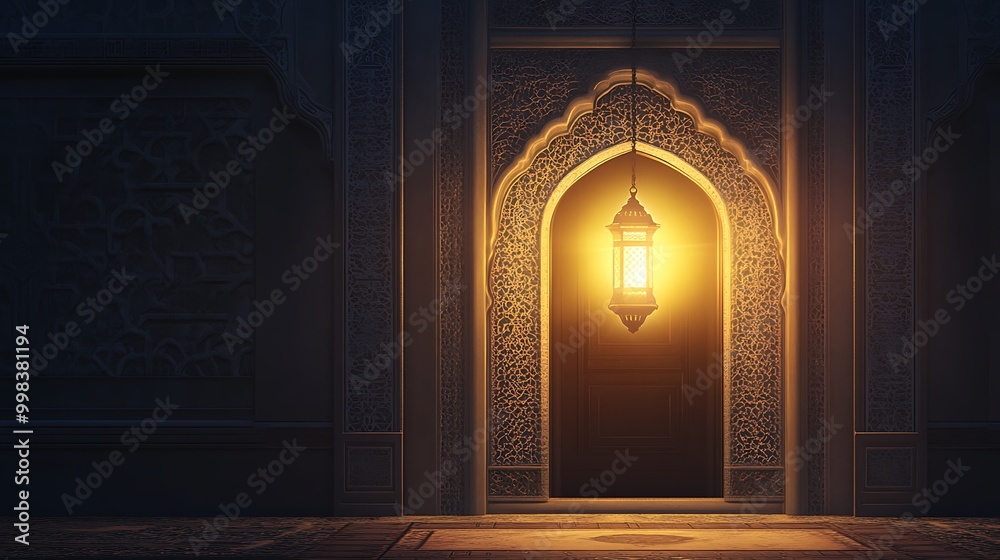 An Islamic Ramadan background with an open lantern illuminating the dark room, creating light rays that subtly form into arabesque patterns on the archway and door frame