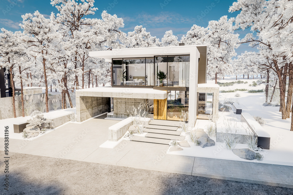 Fototapeta premium 3d rendering of flat roof house with parking and pool for sale or rent with concrete facade and beautiful landscaping on background. Cool winter day with shiny white snow.