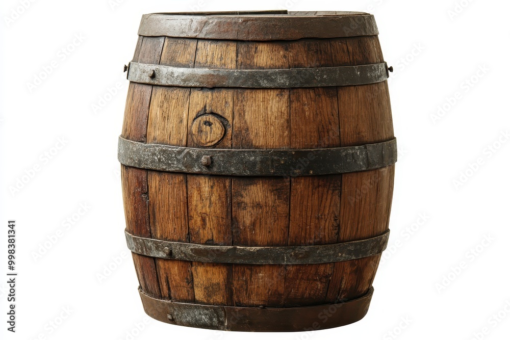 Obraz premium A rustic wooden barrel with metal bands, often used for storage or aging beverages.