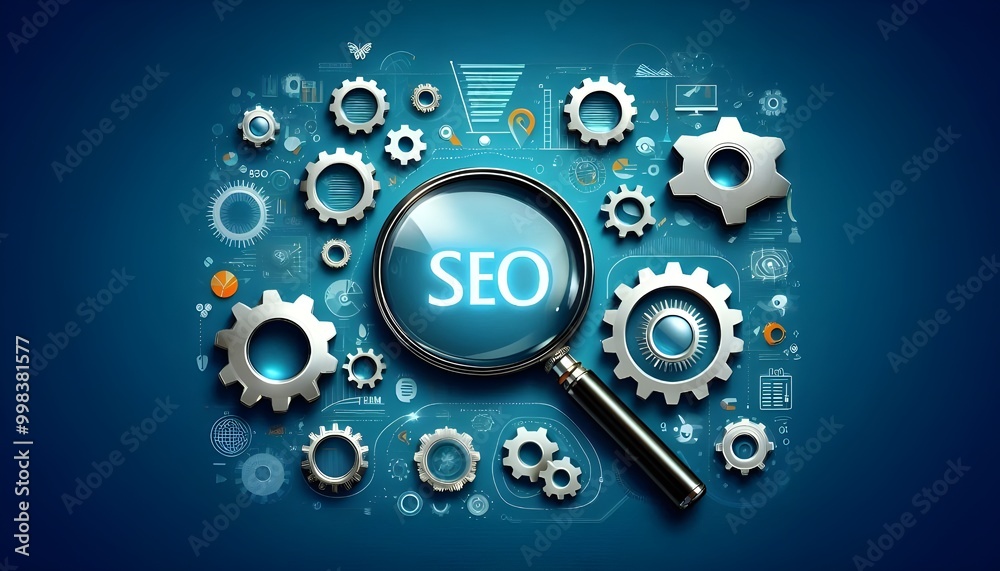 Magnifying glass and gears on blue background representing seo audit and analysis. Magnifying glass and gears on blue background representing seo audit and analysis.