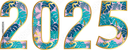 2025 poster. Lettering with tropical leaves. Christmas and New Year decor