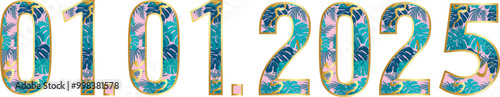 2025 poster. Lettering with tropical leaves. Christmas and New Year decor