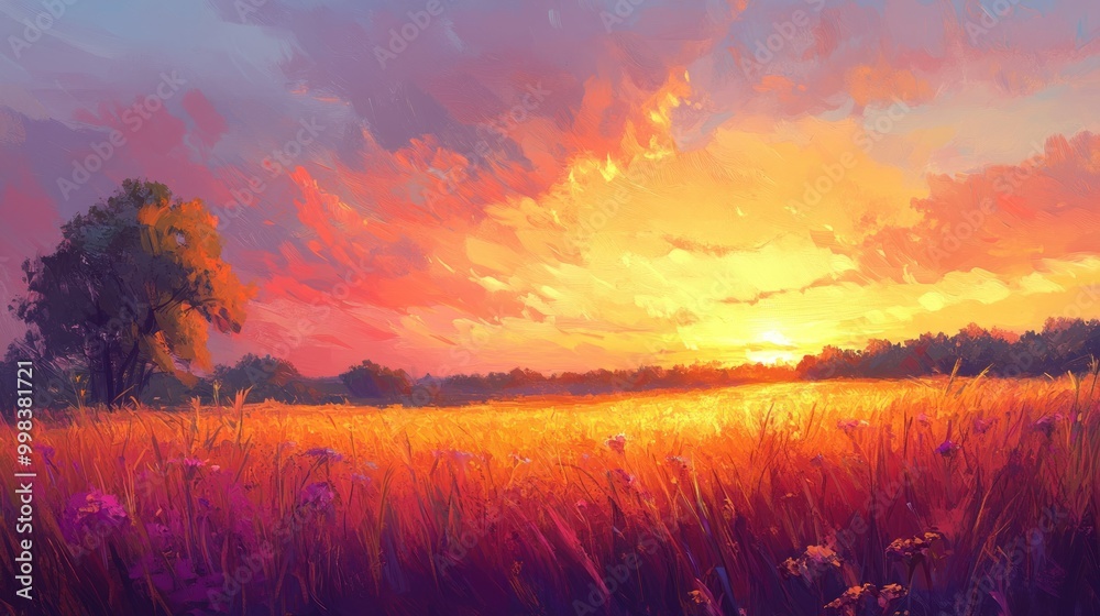 A Single Tree Stands Tall in a Field of Flowers at Sunset A Single Tree Stands Tall in a Field of Flowers at Sunset