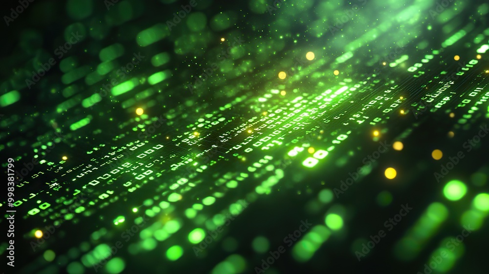 An abstract background features glowing green binary code, representing technology. An abstract background features glowing green binary code, representing technology.
