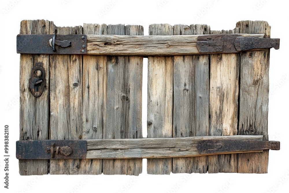 A rustic wooden door with metal hardware, showcasing weathered textures and craftsmanship. A rustic wooden door with metal hardware, showcasing weathered textures and craftsmanship.