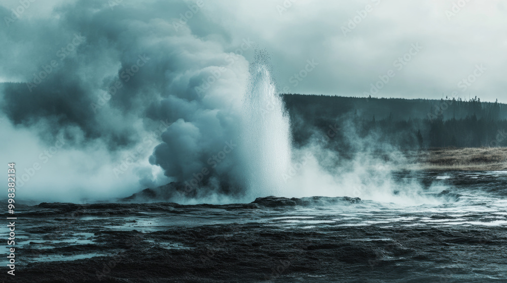 geyser erupting with burst of steam and water creates dramatic scene in natural landscape. powerful eruption showcases beauty of geothermal activity geyser erupting with burst of steam and water creates dramatic scene in natural landscape. powerful eruption showcases beauty of geothermal activity