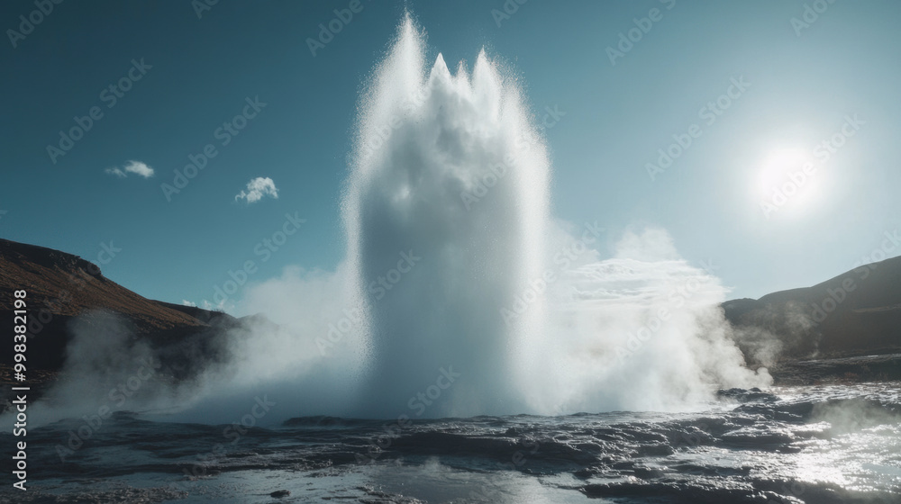 geyser shooting boiling water and steam into air creates stunning natural spectacle under clear blue sky. powerful eruption captivates with its beauty and energy geyser shooting boiling water and steam into air creates stunning natural spectacle under clear blue sky. powerful eruption captivates with its beauty and energy