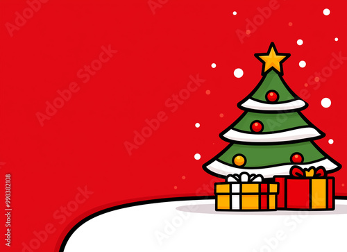 A red background with a green Christmas tree and two presents. The tree is decorated with lights and ornaments