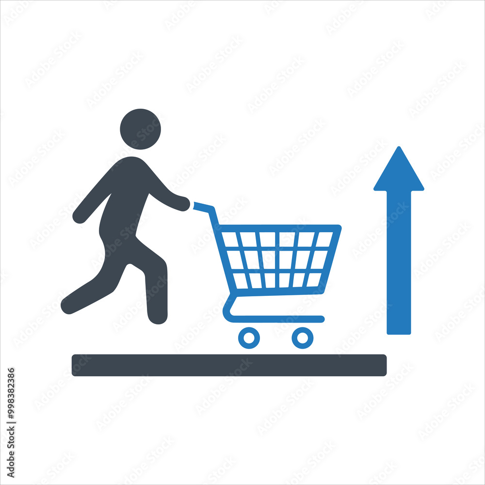 Customer pushing empty shopping cart. Food inflation icon Customer pushing empty shopping cart. Food inflation icon