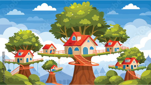 Whimsical cartoon treehouse village in a lush forest with blue sky and clouds