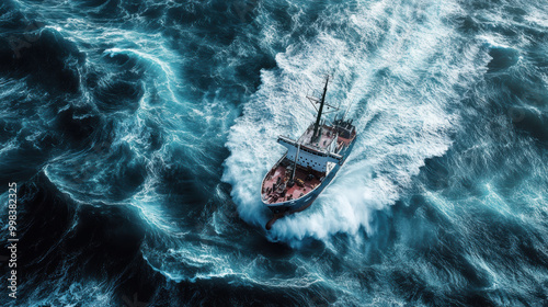 hydro powered ship navigating through rough seas, creating dramatic waves and splashes. vessel showcases resilience against powerful ocean currents, embodying adventure and exploration photo