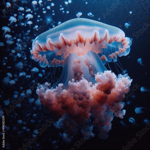 Eared aurelia, or eared jellyfish in the aquarium. A species of scyphoid from the order Discomjellyfish. It inhabits the coastal waters of the temperate and tropical seas, Black and Mediterranean Seas