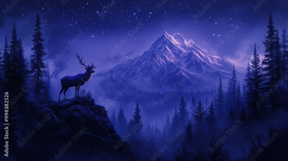 Stunning Mountain Sunset with Silhouetted Deer Against a Starry Sky - Ideal for Nature Posters and Prints Stunning Mountain Sunset with Silhouetted Deer Against a Starry Sky - Ideal for Nature Posters and Prints