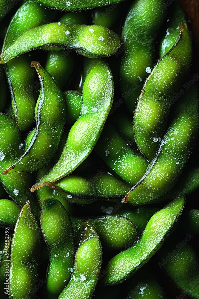 Edamame - Young, green soybeans boiled or steamed in their pods, typically served with salt as a snack or appetizer. Edamame - Young, green soybeans boiled or steamed in their pods, typically served with salt as a snack or appetizer.
