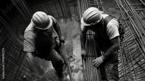 Two Construction Workers in Hard Hats Working with Steel Rebar