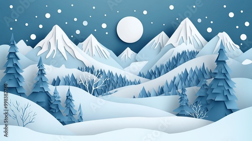 A paper-cut style winter landscape with snow-covered trees and mountains. AI generated image