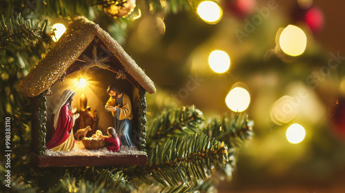 beautiful nativity scene displayed beneath Christmas tree, capturing essence of holiday spirit with warm lights and intricate details