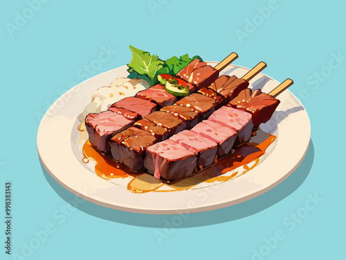 vector illustration of half-cooked meat satay on a plate