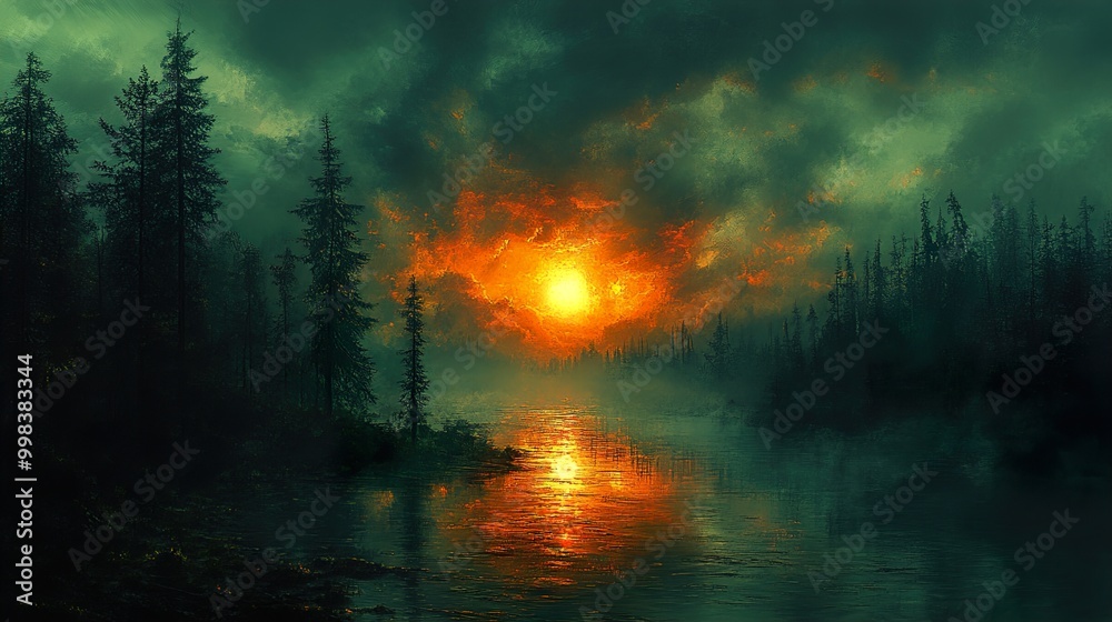 Dramatic Sunset Over a Misty Lake in a Forest Dramatic Sunset Over a Misty Lake in a Forest
