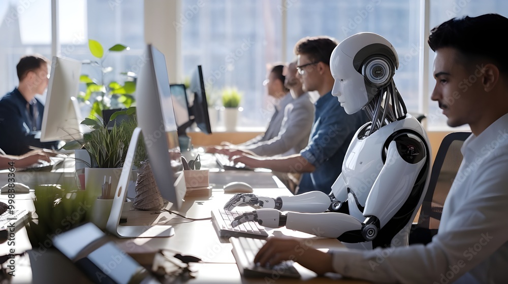 Robot working among other employees at the office, the robot in office, office work, AI in office, AI in business, robot part of It team in Office Robot working among other employees at the office, the robot in office, office work, AI in office, AI in business, robot part of It team in Office