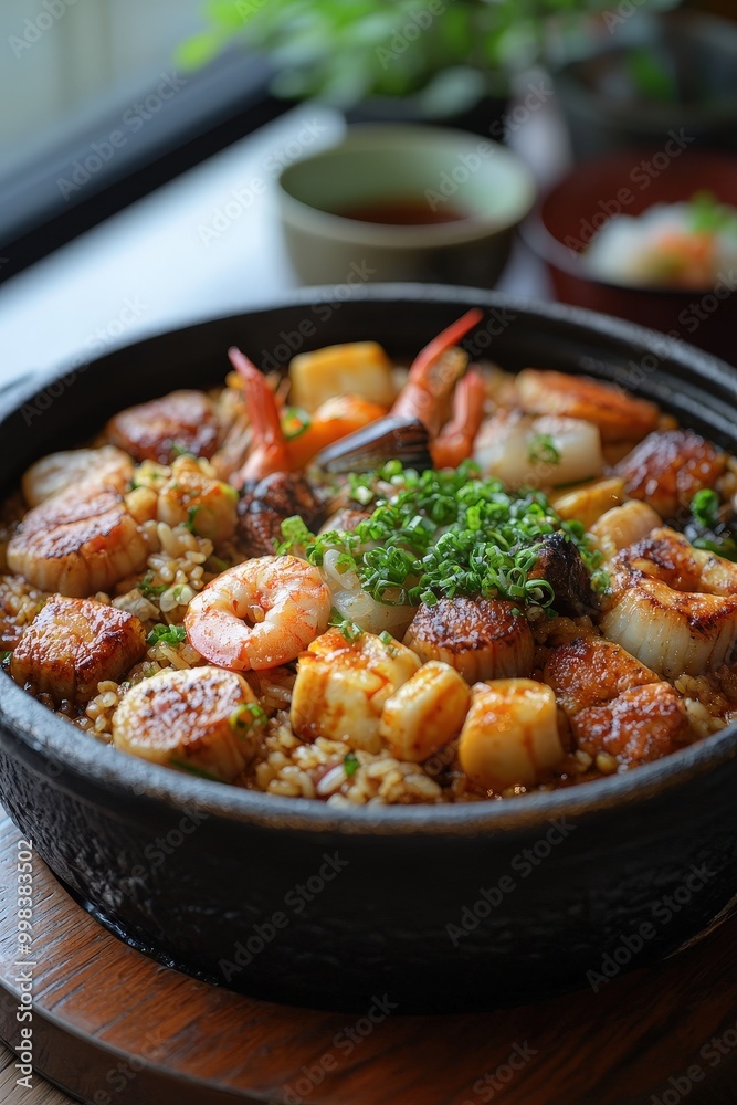Kamameshi - A traditional rice dish cooked in an iron pot and mixed with vegetables, seafood, and soy sauce. Kamameshi - A traditional rice dish cooked in an iron pot and mixed with vegetables, seafood, and soy sauce.