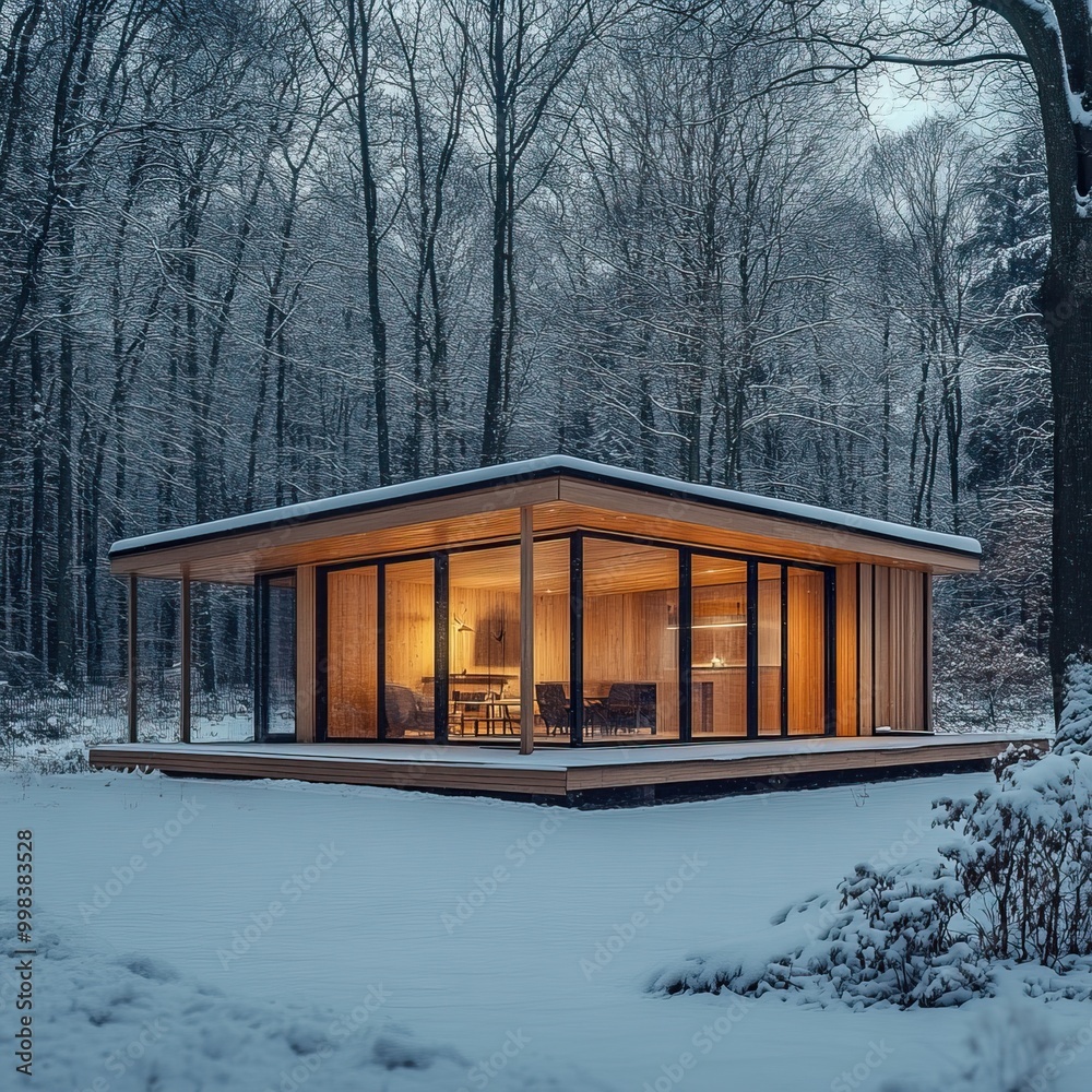 Fototapeta premium A cozy cabin in a snowy forest with warm interior lighting. AI generated image