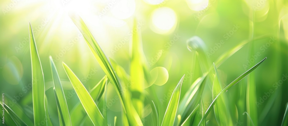Fototapeta premium Fresh Green Spring Grass Actively Growing Lit With Bright Sun Beams Soft Focus Abstract Nature Background