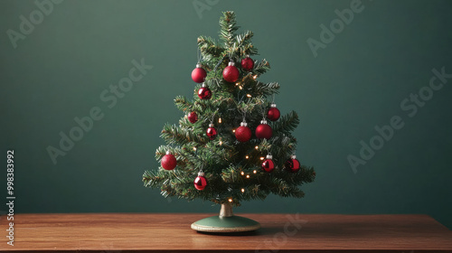 small tabletop Christmas tree decorated with red ornaments and lights, set against green background, brings festive and cheerful atmosphere to any space photo