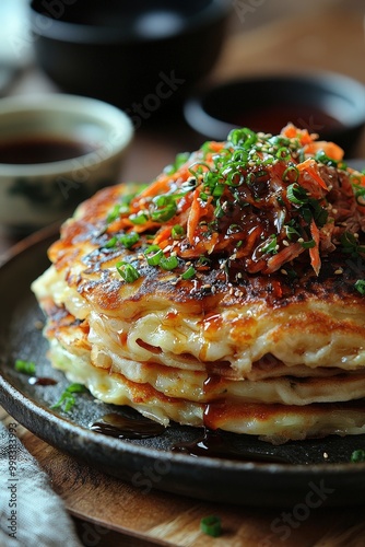 Wallpaper Mural Okonomiyaki - A savory Japanese pancake made with batter, cabbage, and toppings like meat or seafood, often drizzled with sauce. Torontodigital.ca