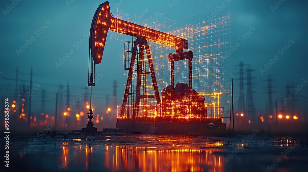 An illuminated oil pumpjack at twilight, enhanced with a data overlay, creating a futuristic image. An illuminated oil pumpjack at twilight, enhanced with a data overlay, creating a futuristic image.