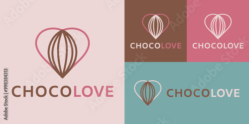 ChocoLove Logo Design Heart and Cocoa Bean Concept for Chocolate Brands. Set