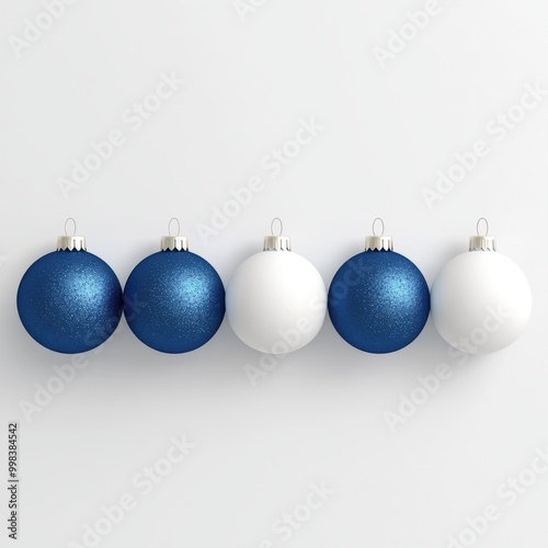 Festive Blue and White Christmas Ornaments on Minimalist Background