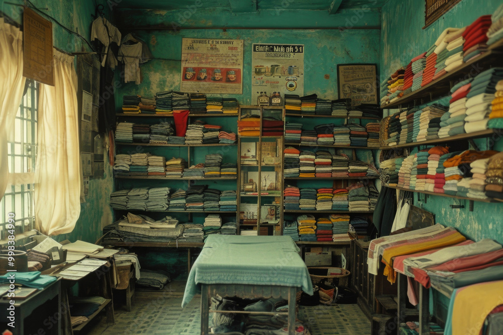 Fototapeta premium A spacious room furnished with a sturdy table and several shelves that are filled to the brim with an extensive collection of books