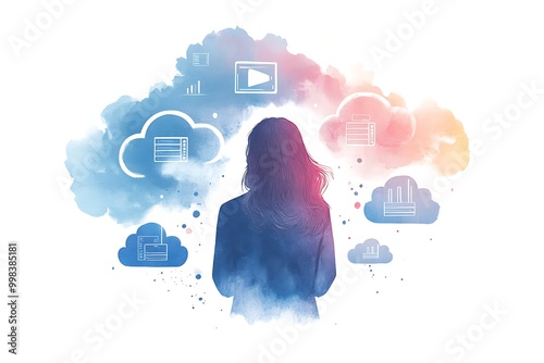 Woman thinking about cloud computing and technology.