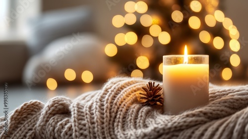 Cozy holiday season with candle warm blanket Christmas tree