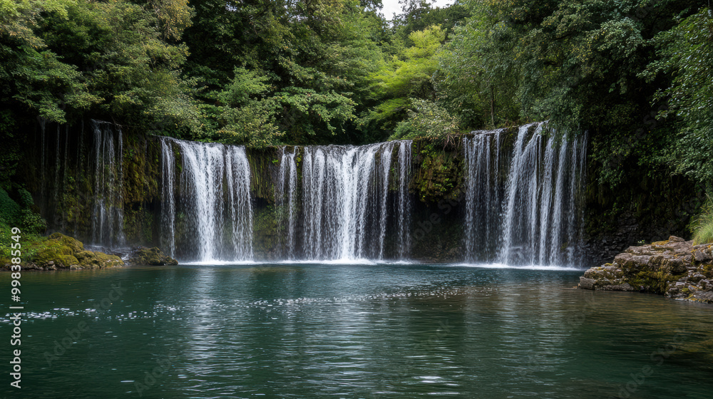 Fototapeta premium stunning waterfall cascading into serene pool, surrounded by lush greenery, creates tranquil atmosphere. sound of rushing water enhances peaceful setting