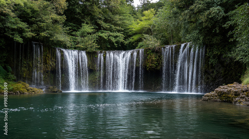 stunning waterfall cascading into serene pool, surrounded by lush greenery, creates tranquil atmosphere. sound of rushing water enhances peaceful setting