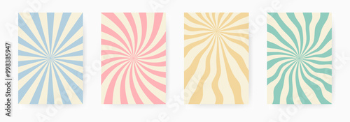 Wavy sunburst background with vintage Y2K aesthetic poster set. Groovy psychedelic abstract sun rays. Flat vector illustration
