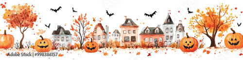 Halloween decoration with pumpkins, trees, and spooky houses. photo