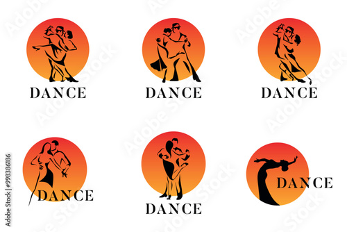 Dance Silhouettes with Sunset Background Dance Poses. Stylized Dancers Vector Illustrations of Passionate Dance. Logo, set, collection, icon