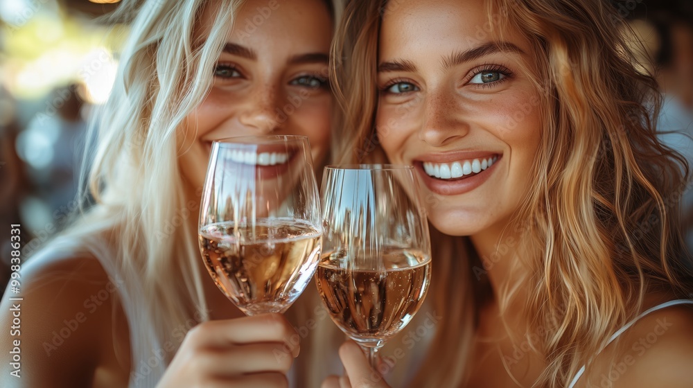 Celebratory Toast Between Two Women Enjoying Drinks at an Outdoor Bar on a Sunny Day Celebratory Toast Between Two Women Enjoying Drinks at an Outdoor Bar on a Sunny Day