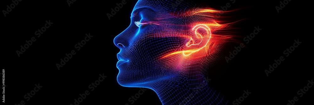 A glowing blue digital face in wireframe style with flowing fiery streaks around the eyes, symbolizing technological advancement, energy, and the human essence.