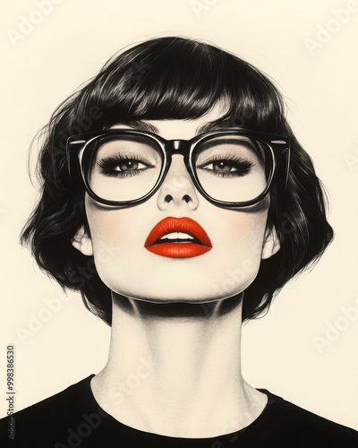 Stylish woman with glasses and red lips.