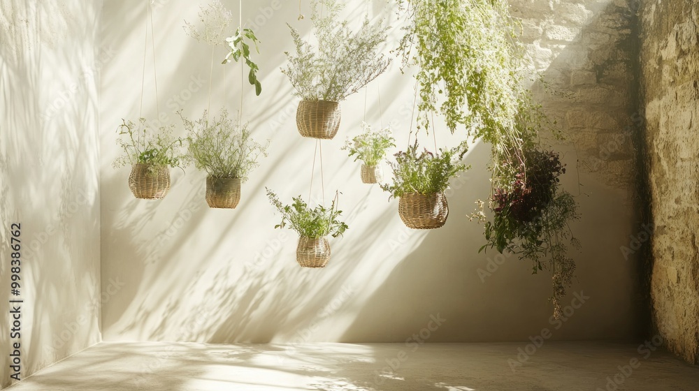 Hanging Plants in Wicker Baskets Against a Wall with Sunlight and Shadows Hanging Plants in Wicker Baskets Against a Wall with Sunlight and Shadows