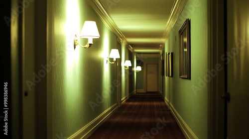 A long, dimly lit hallway with carpeted floors, white walls, and sconces.