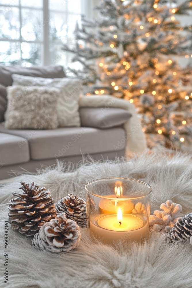 Cozy winter setting with candlelight pine cones Cozy winter setting with candlelight pine cones