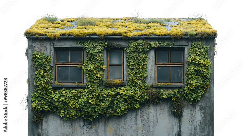 A building covered in moss, showcasing vibrant green growth on its walls, set against a plain PNG background A building covered in moss, showcasing vibrant green growth on its walls, set against a plain PNG background