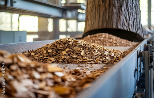 Wood Chips on Conveyor Belt in Industrial Setting